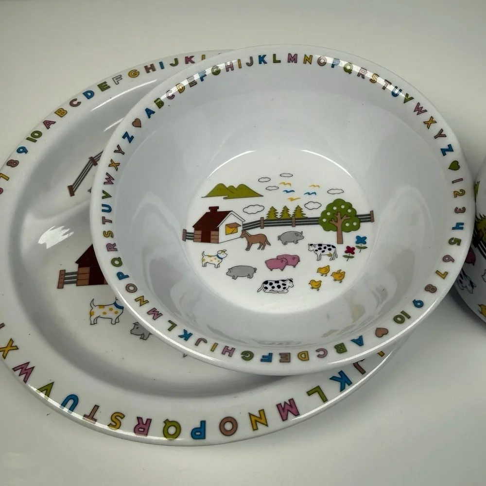 Melamine Ware Children's Divided Plate Cup Bowl‎ Farm Animals Tree Alphabet